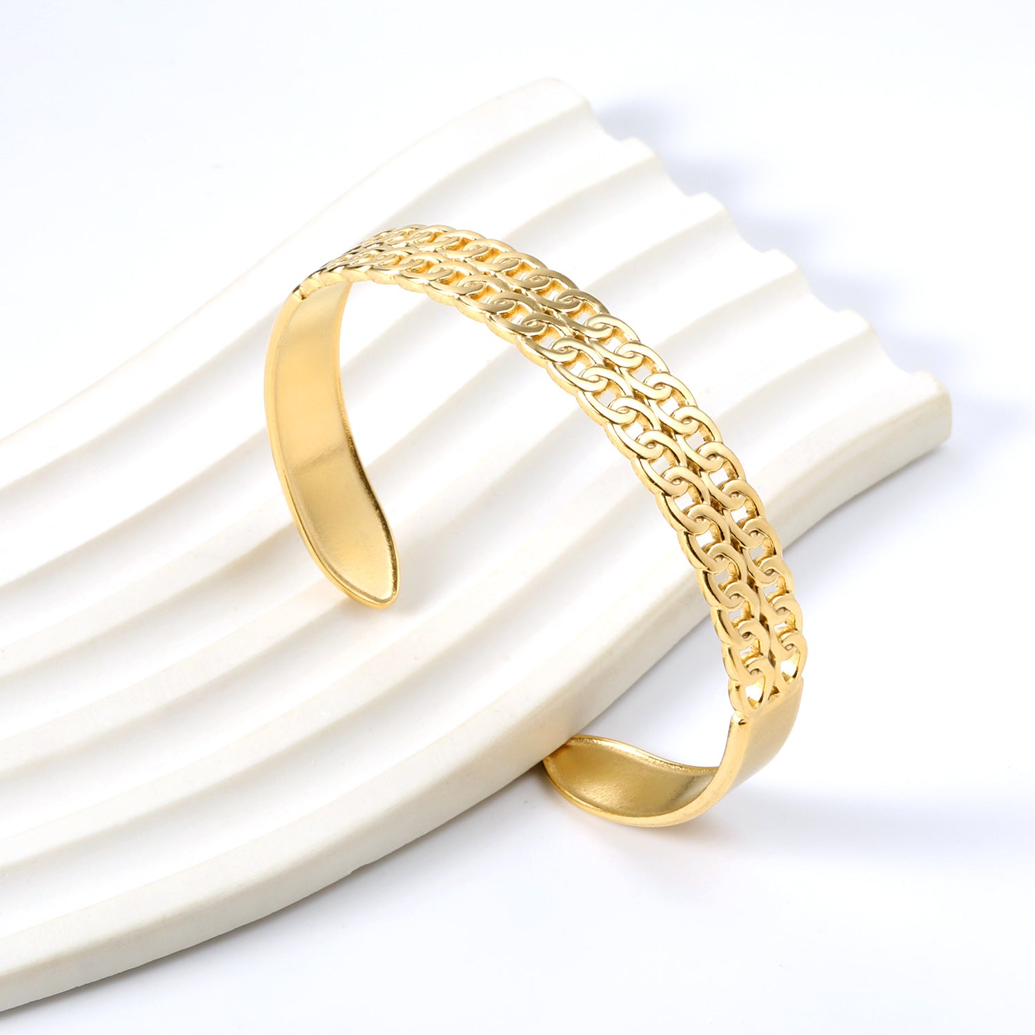 Double Chain Link Cuff Bangle - 18k Gold Plated Stainless Steel