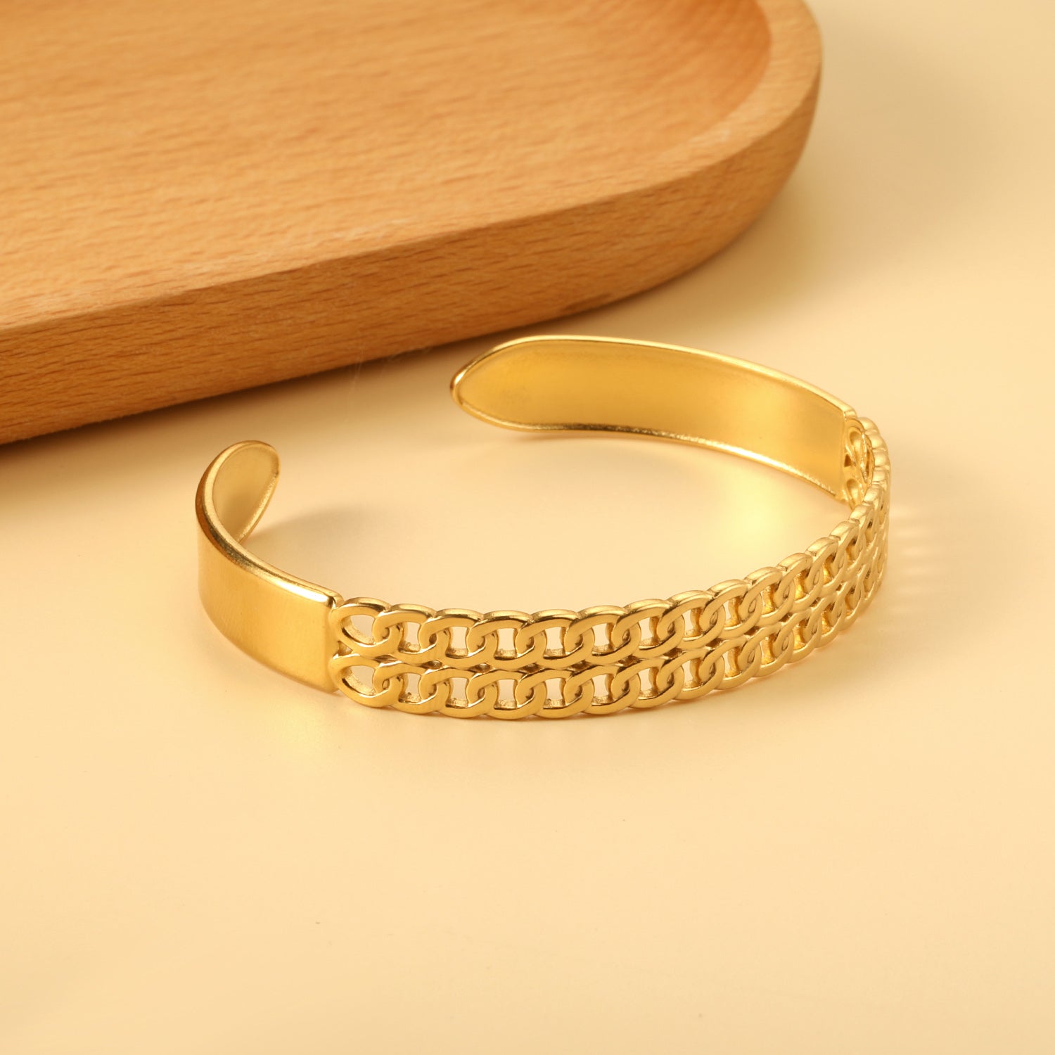 Double Chain Link Cuff Bangle - 18k Gold Plated Stainless Steel