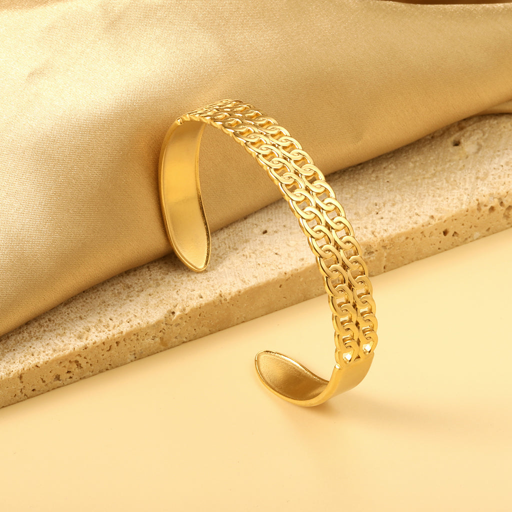 Double Chain Link Cuff Bangle - 18k Gold Plated Stainless Steel