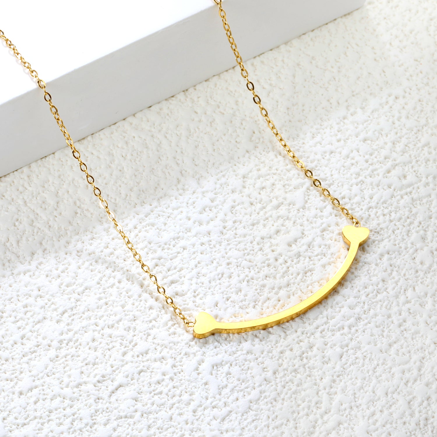 Dainty Gold Smile Bar Necklace with Heart Details