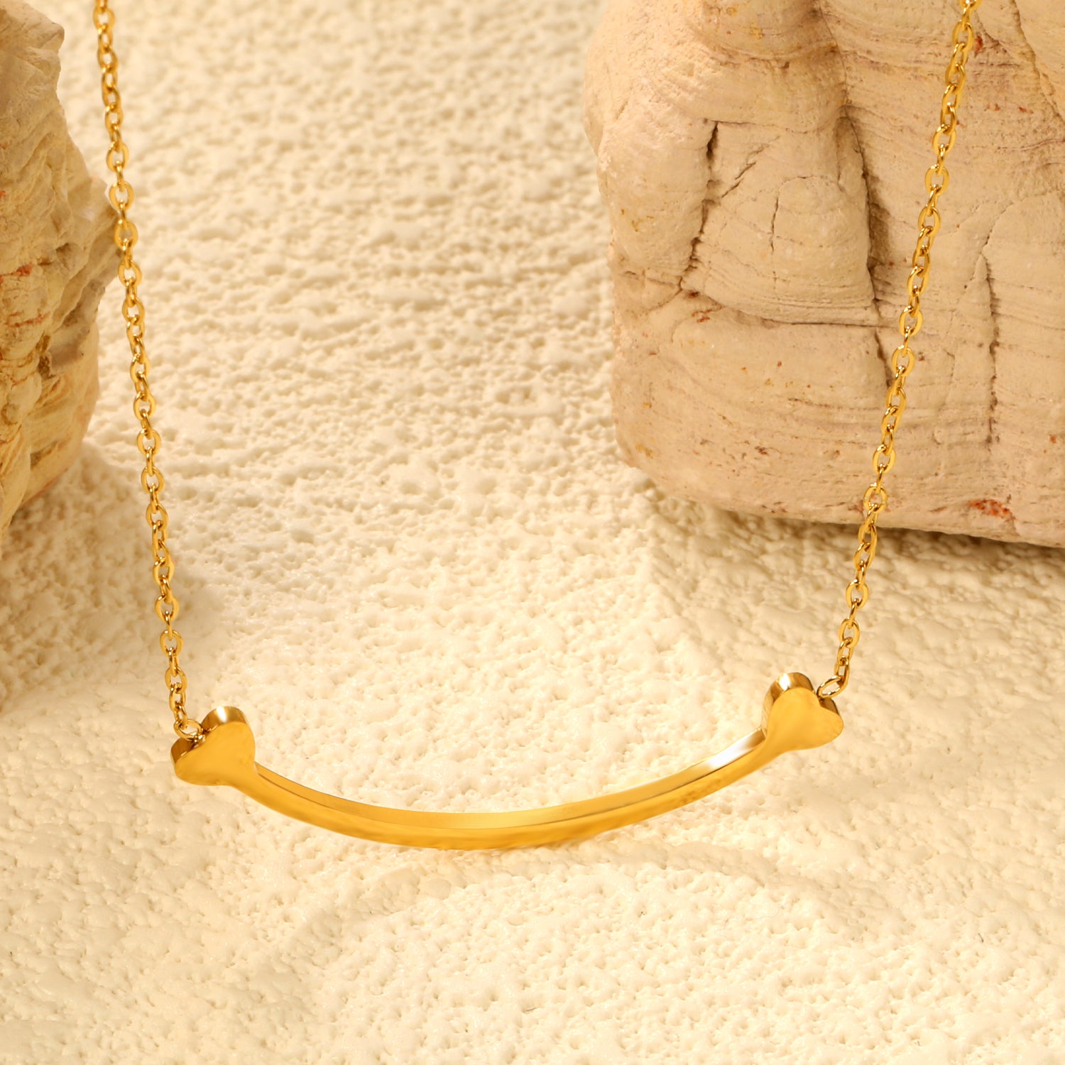 Dainty Gold Smile Bar Necklace with Heart Details