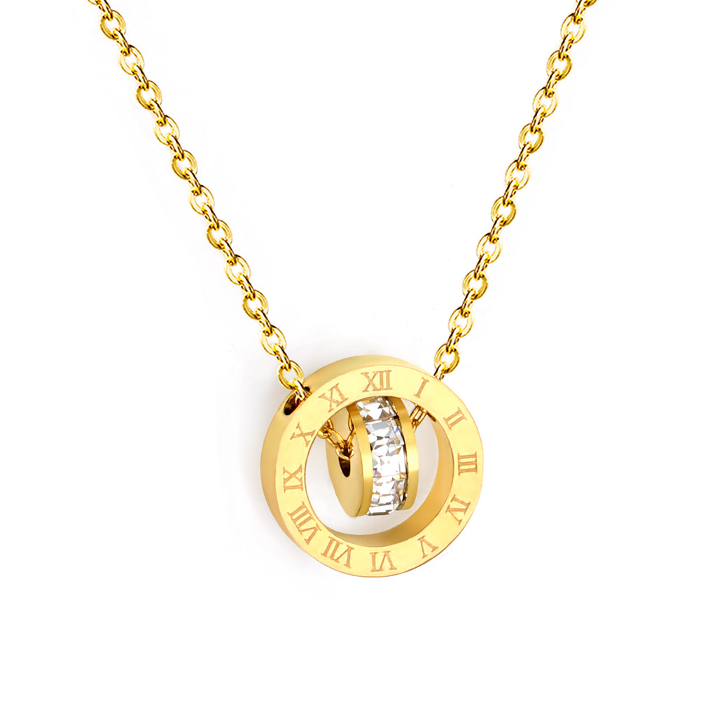 Roman Numeral Double Ring Necklace - 18k Gold Plated Stainless Steel