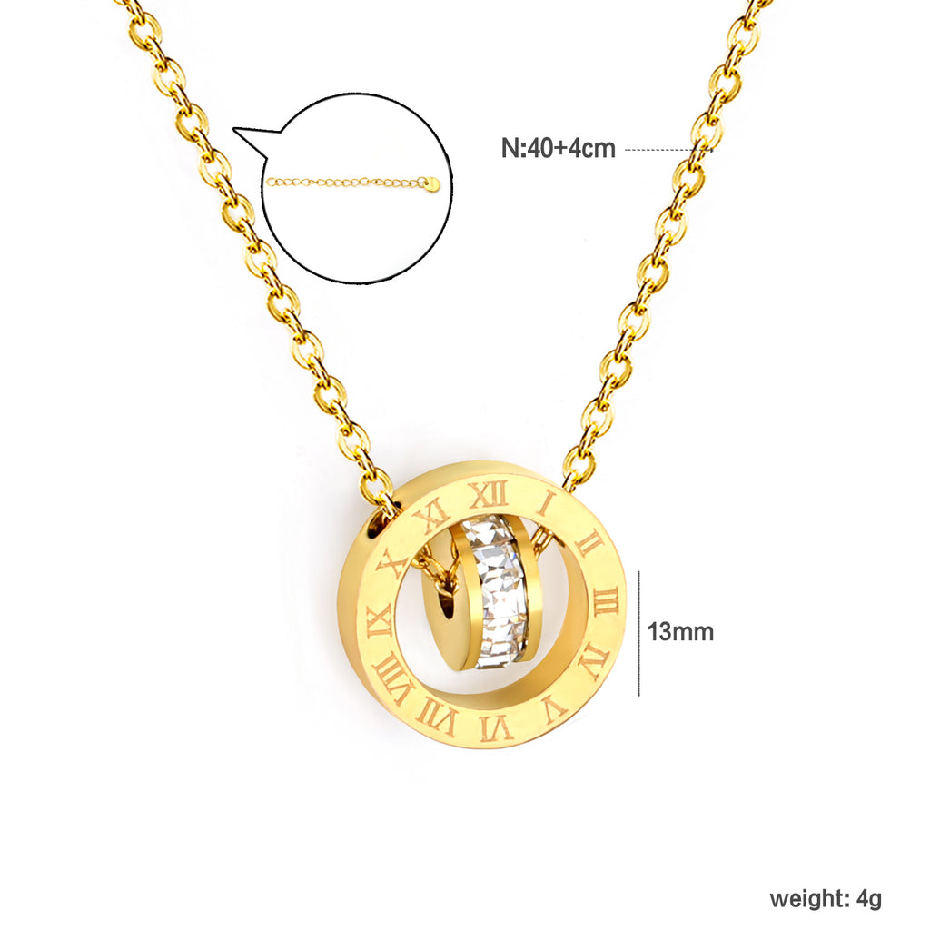 Roman Numeral Double Ring Necklace - 18k Gold Plated Stainless Steel
