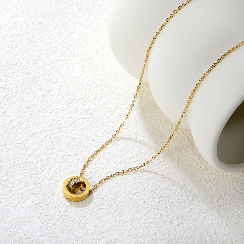 Roman Numeral Double Ring Necklace - 18k Gold Plated Stainless Steel