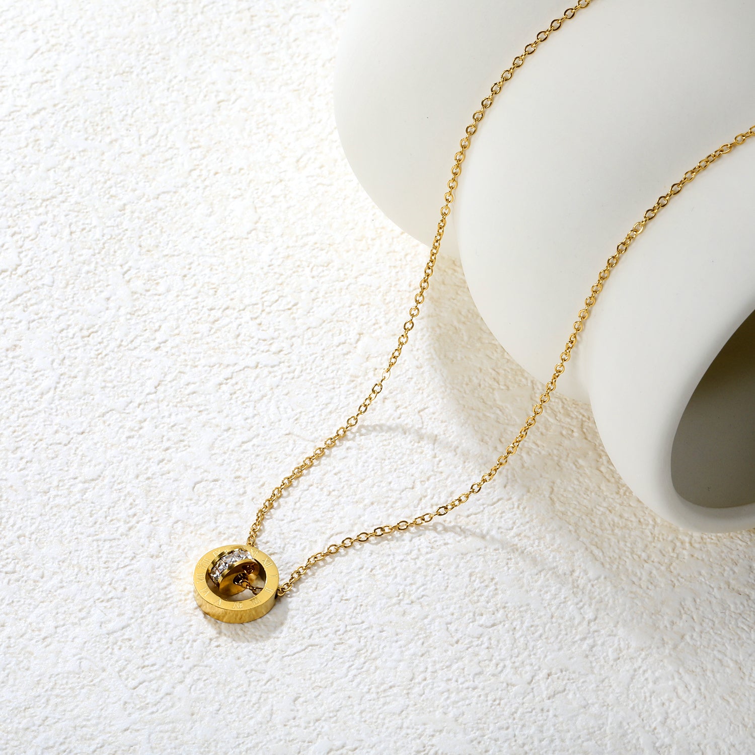 Roman Numeral Double Ring Necklace - 18k Gold Plated Stainless Steel