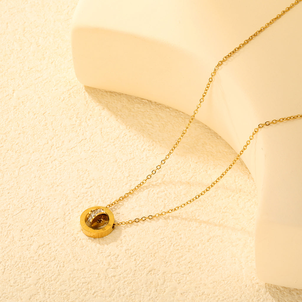 Roman Numeral Double Ring Necklace - 18k Gold Plated Stainless Steel