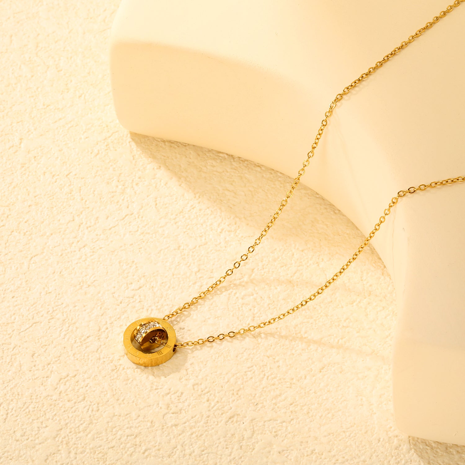 Roman Numeral Double Ring Necklace - 18k Gold Plated Stainless Steel