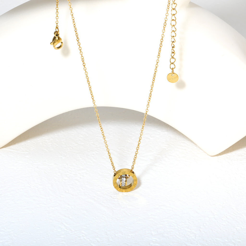 Roman Numeral Double Ring Necklace - 18k Gold Plated Stainless Steel