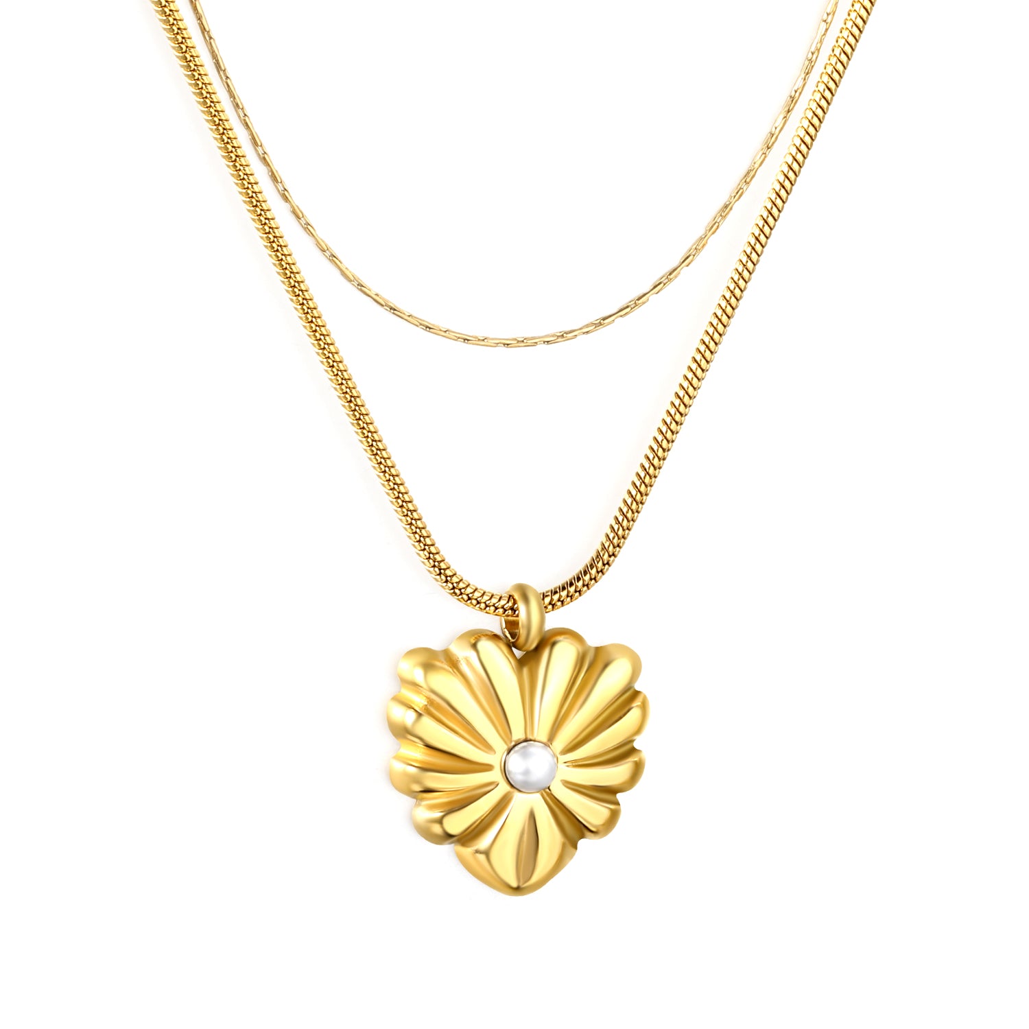 Layered Gold Scalloped Flower Heart Necklace