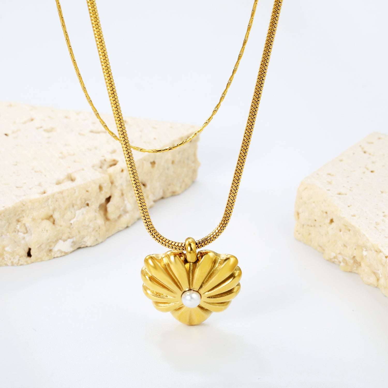 Layered Gold Scalloped Flower Heart Necklace