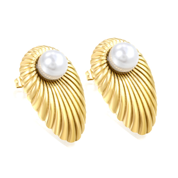 Gold Leaf & Pearl Statement Stud Earrings
