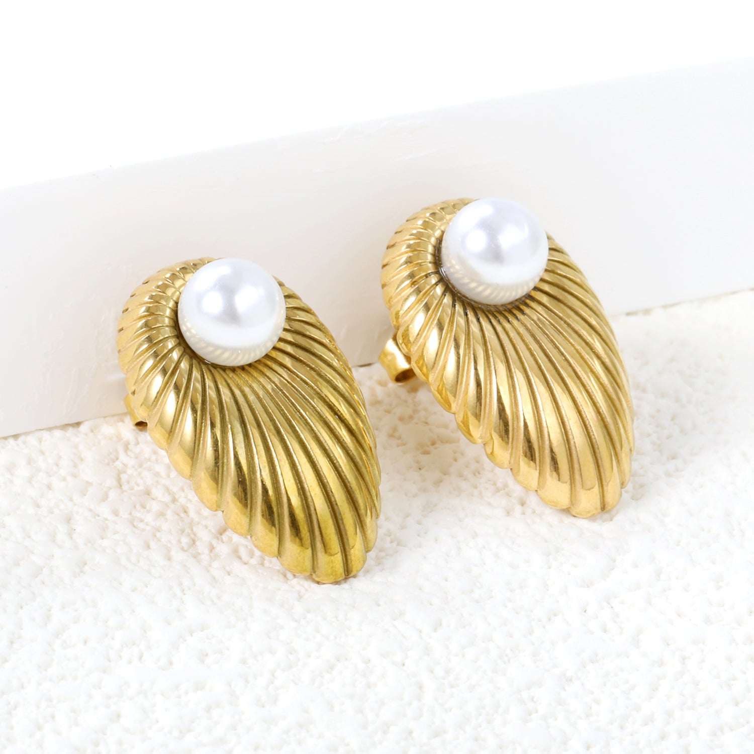 Gold Leaf & Pearl Statement Stud Earrings