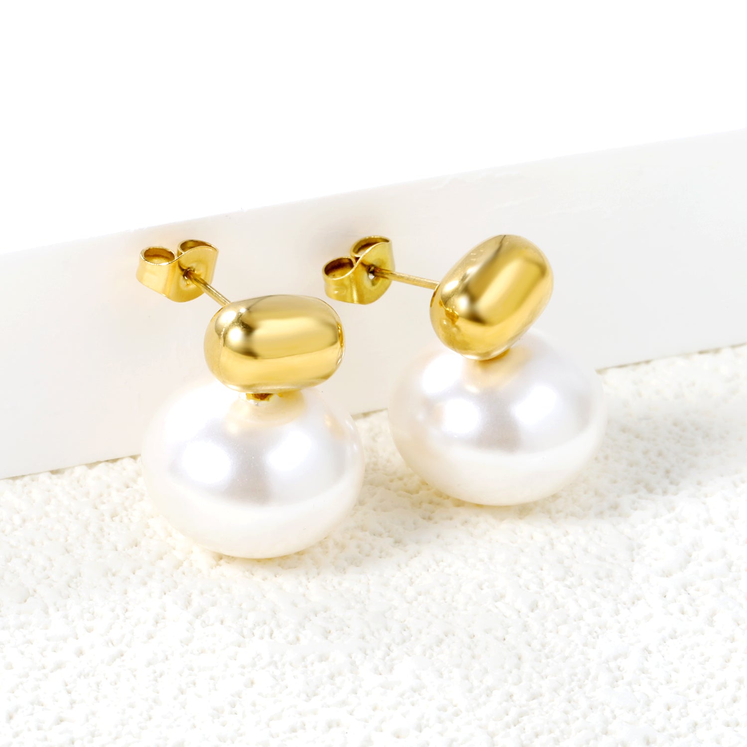 Modern Gold & Pearl Drop Stud Earrings