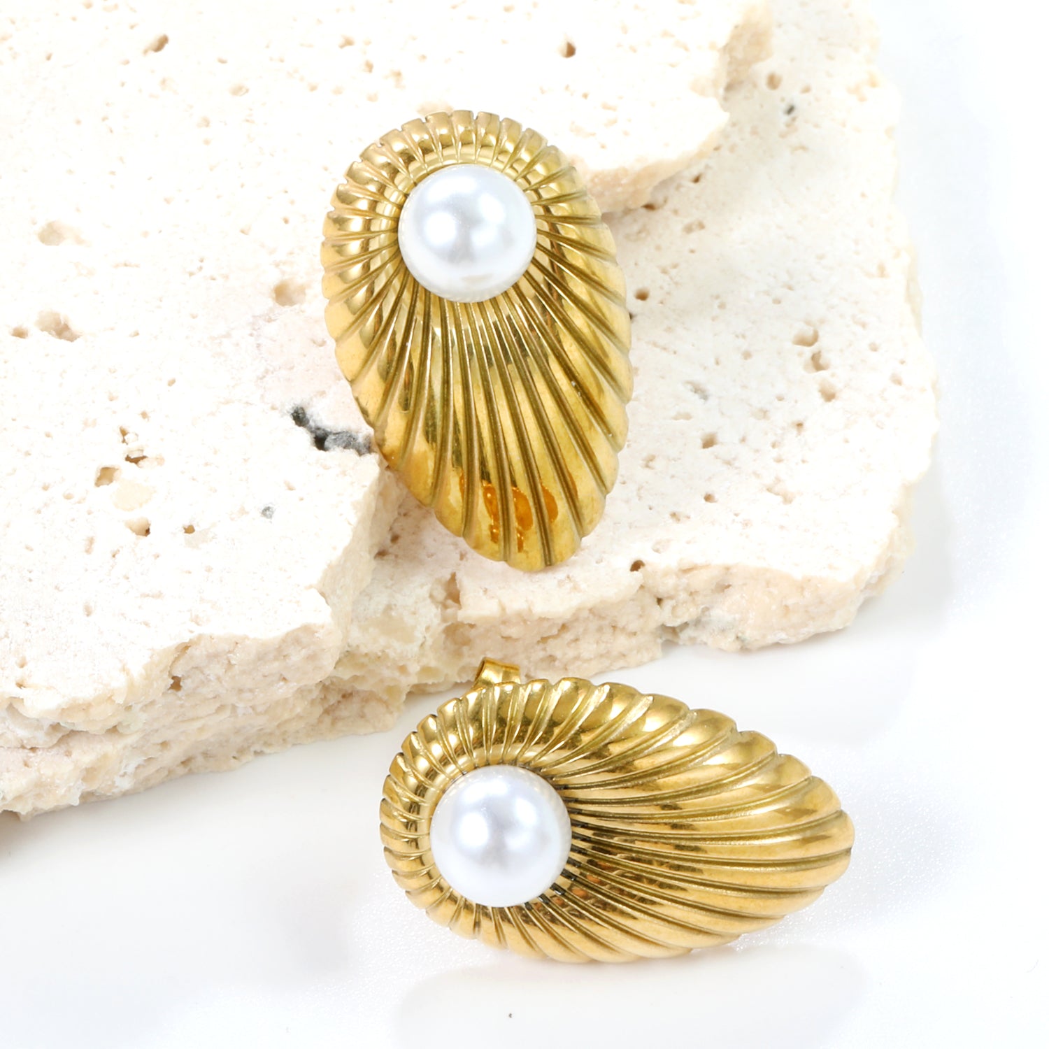 Gold Leaf & Pearl Statement Stud Earrings