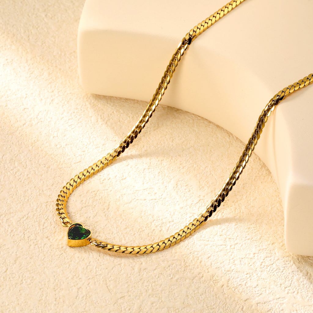 Chunky Gold Chain Necklace with Green Heart