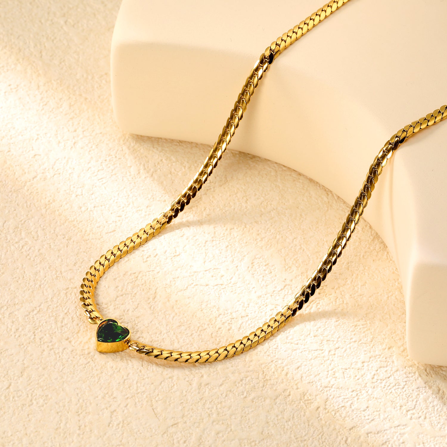 Chunky Gold Chain Necklace with Green Heart