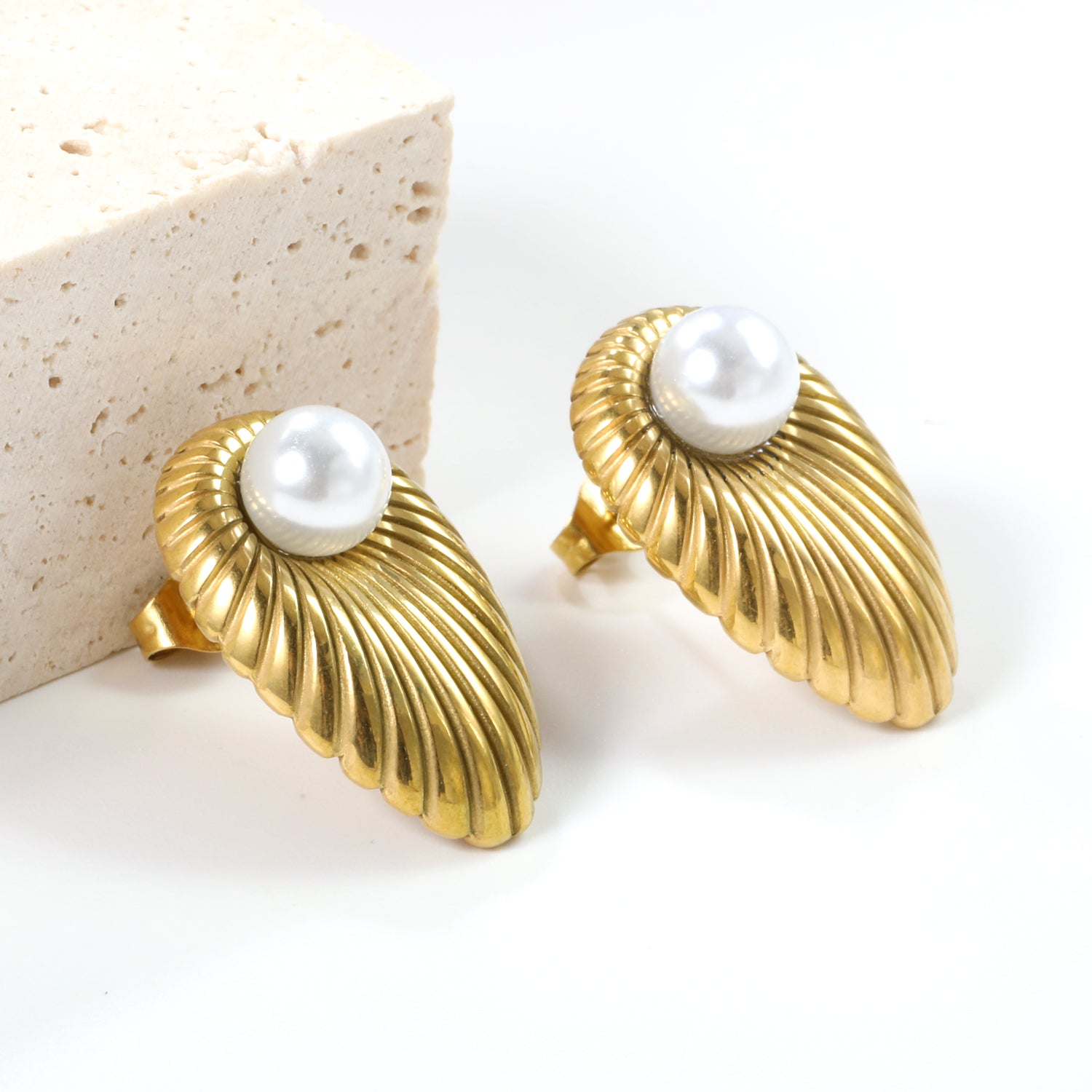 Gold Leaf & Pearl Statement Stud Earrings