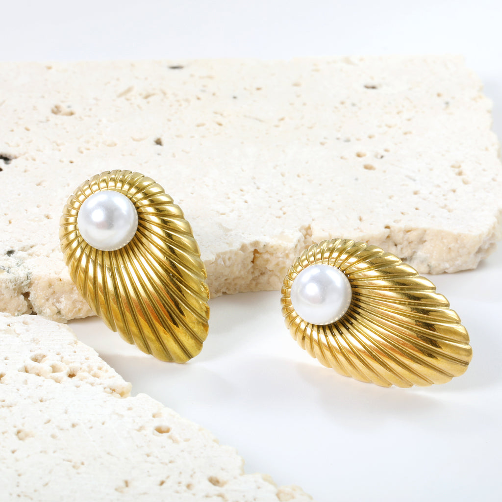 Gold Leaf & Pearl Statement Stud Earrings