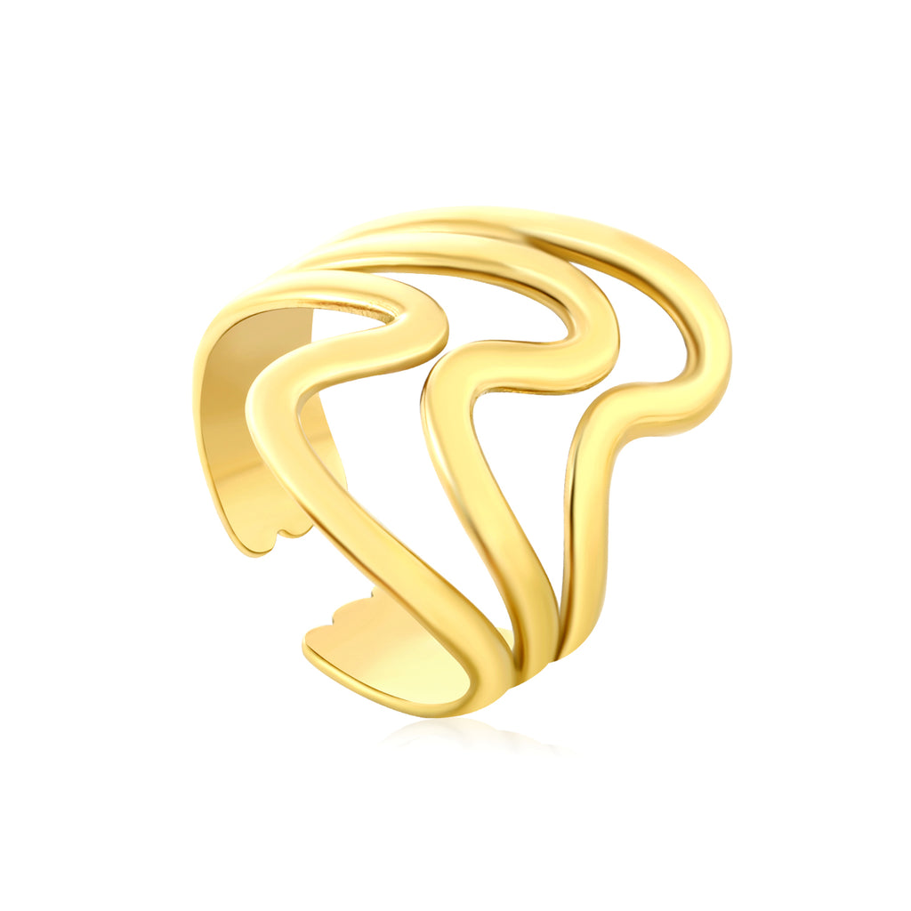 Wavy Triple Band Adjustable Ring - 18k Gold Plated Stainless Steel