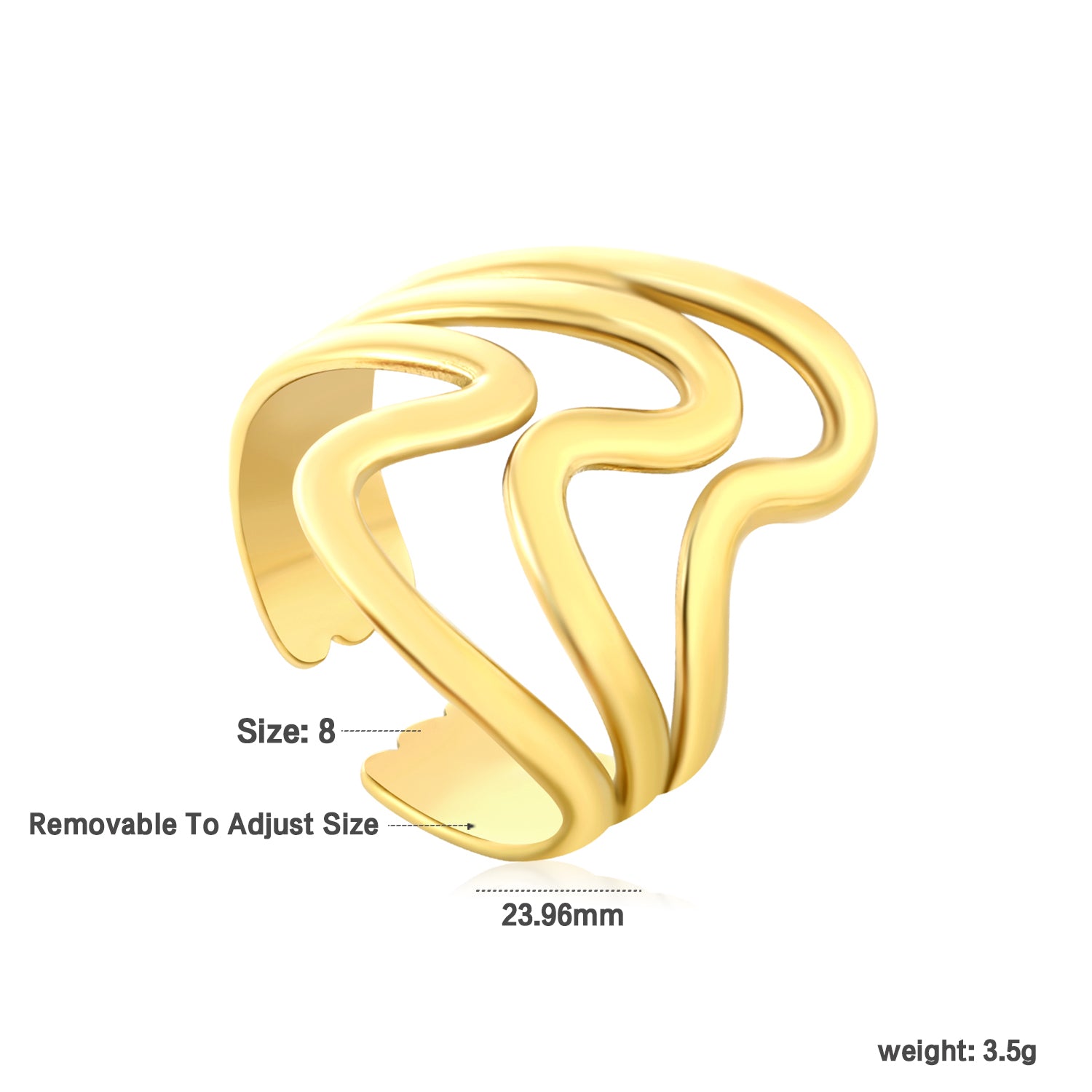 Wavy Triple Band Adjustable Ring - 18k Gold Plated Stainless Steel