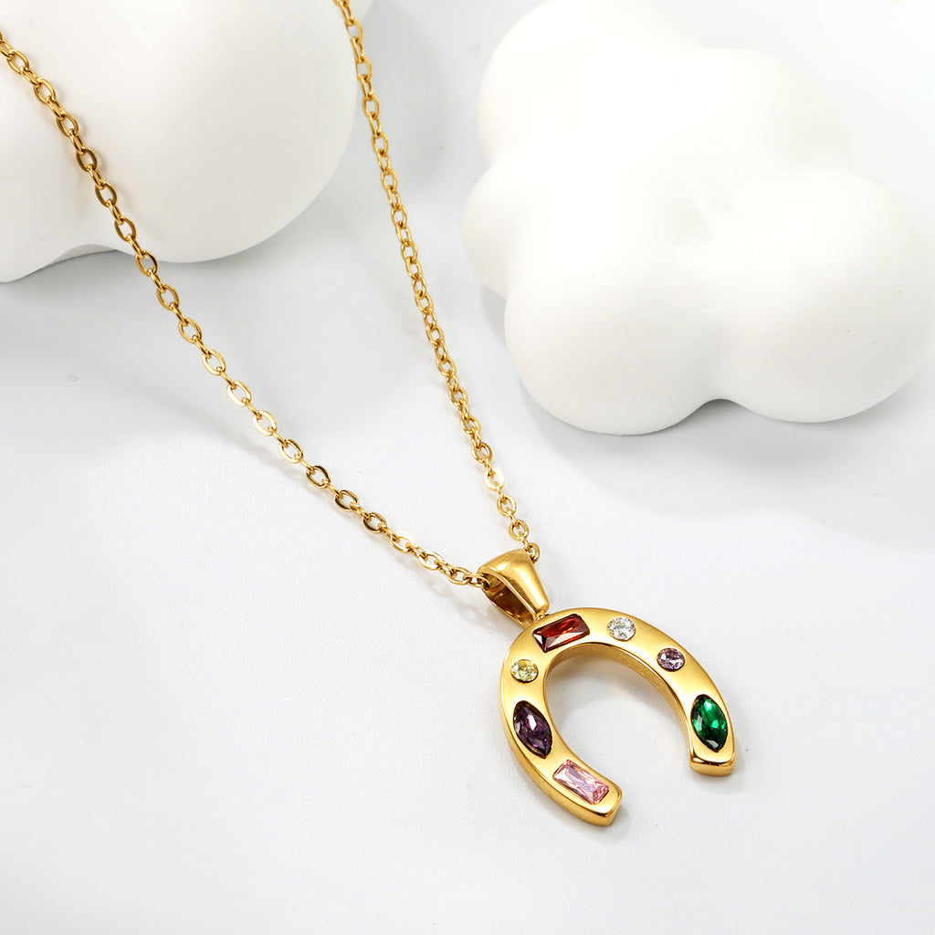 Colorful Gemstone Horseshoe Good Luck Necklace
