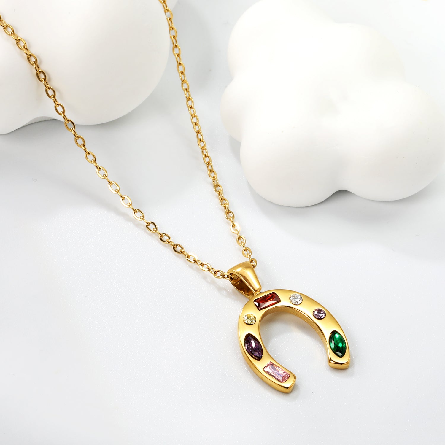 Colorful Gemstone Horseshoe Good Luck Necklace