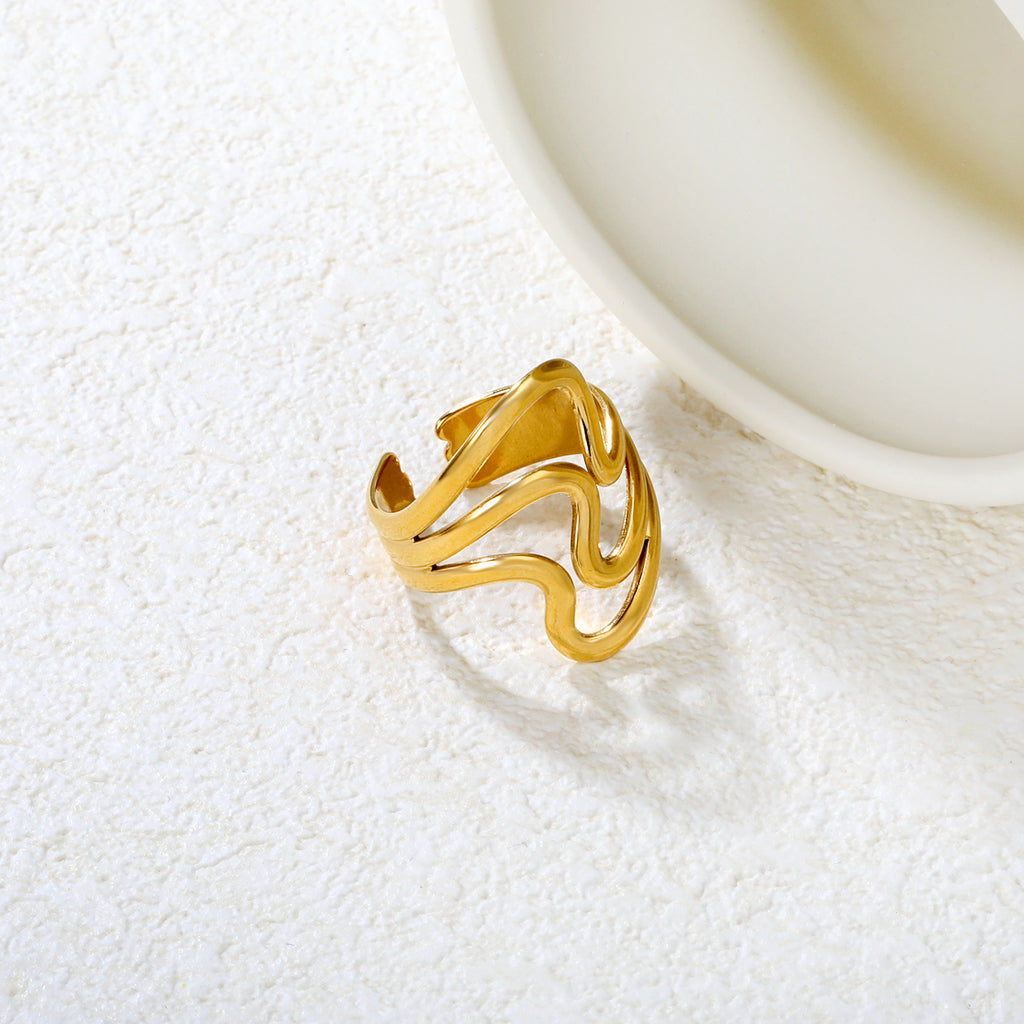 Wavy Triple Band Adjustable Ring - 18k Gold Plated Stainless Steel