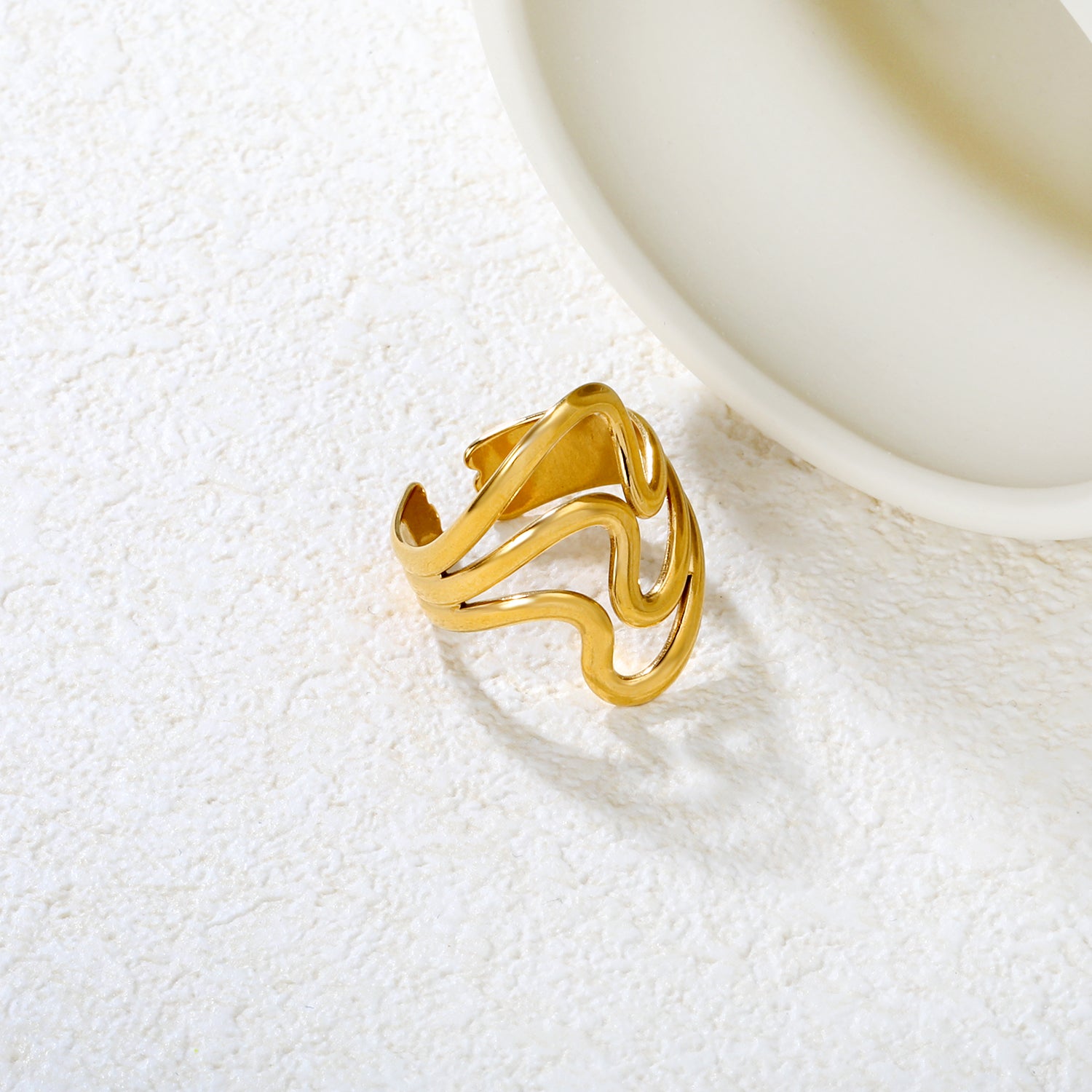 Wavy Triple Band Adjustable Ring - 18k Gold Plated Stainless Steel