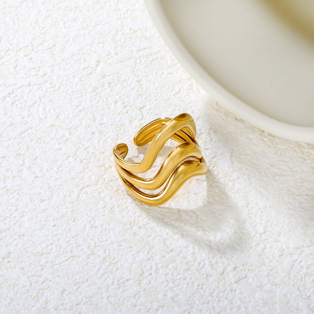 Wavy Triple Band Adjustable Ring - 18k Gold Plated