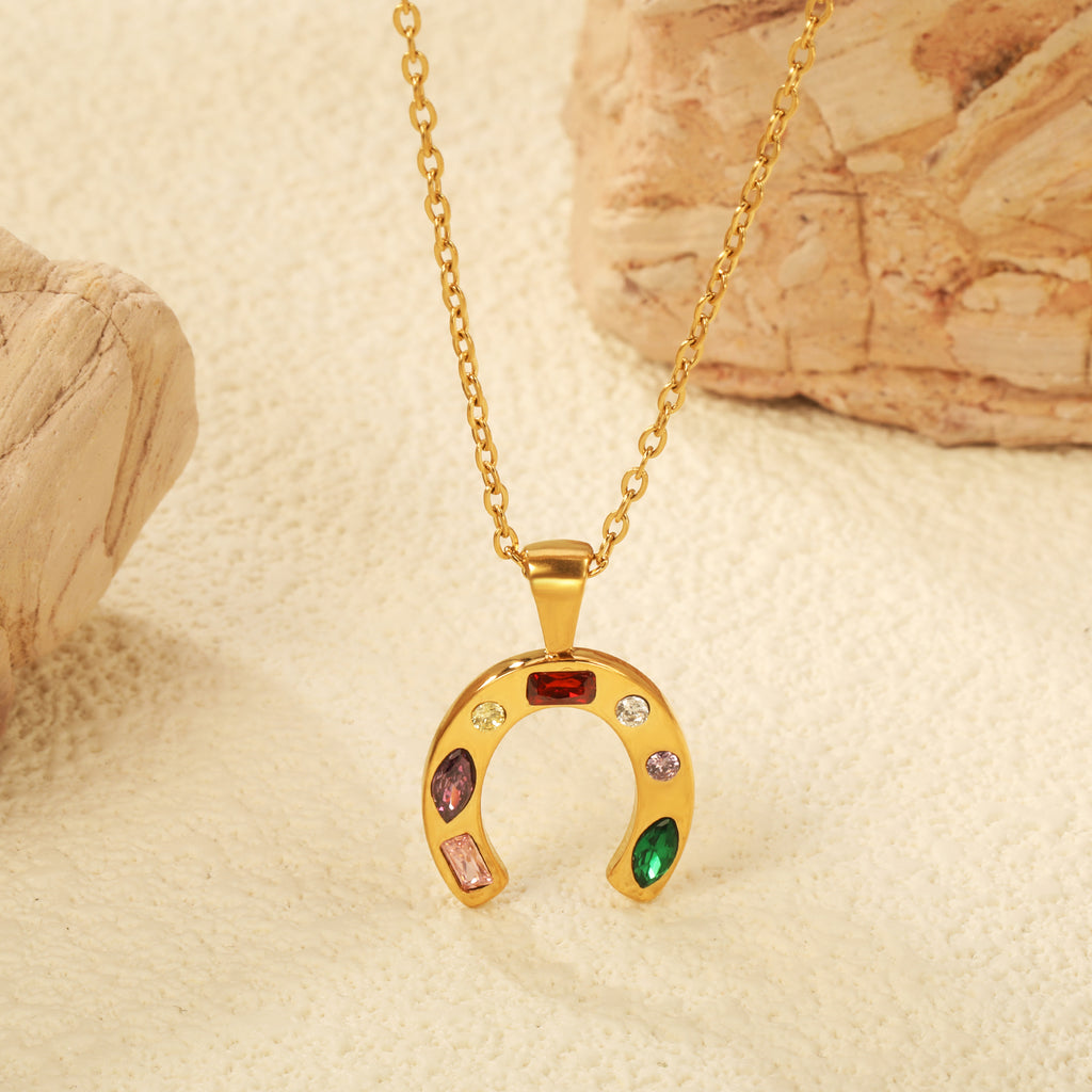 Colorful Gemstone Horseshoe Good Luck Necklace