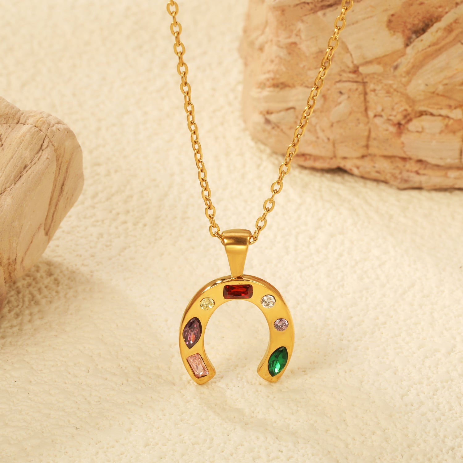 Colorful Gemstone Horseshoe Good Luck Necklace