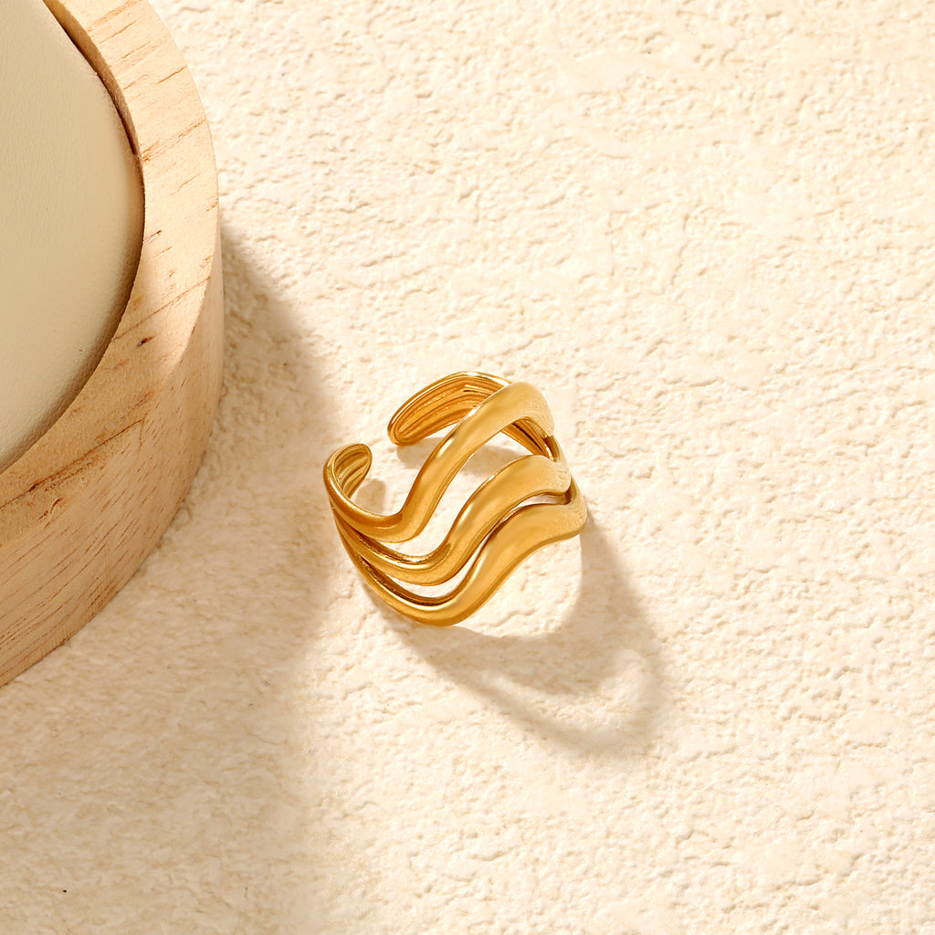 Wavy Triple Band Adjustable Ring - 18k Gold Plated