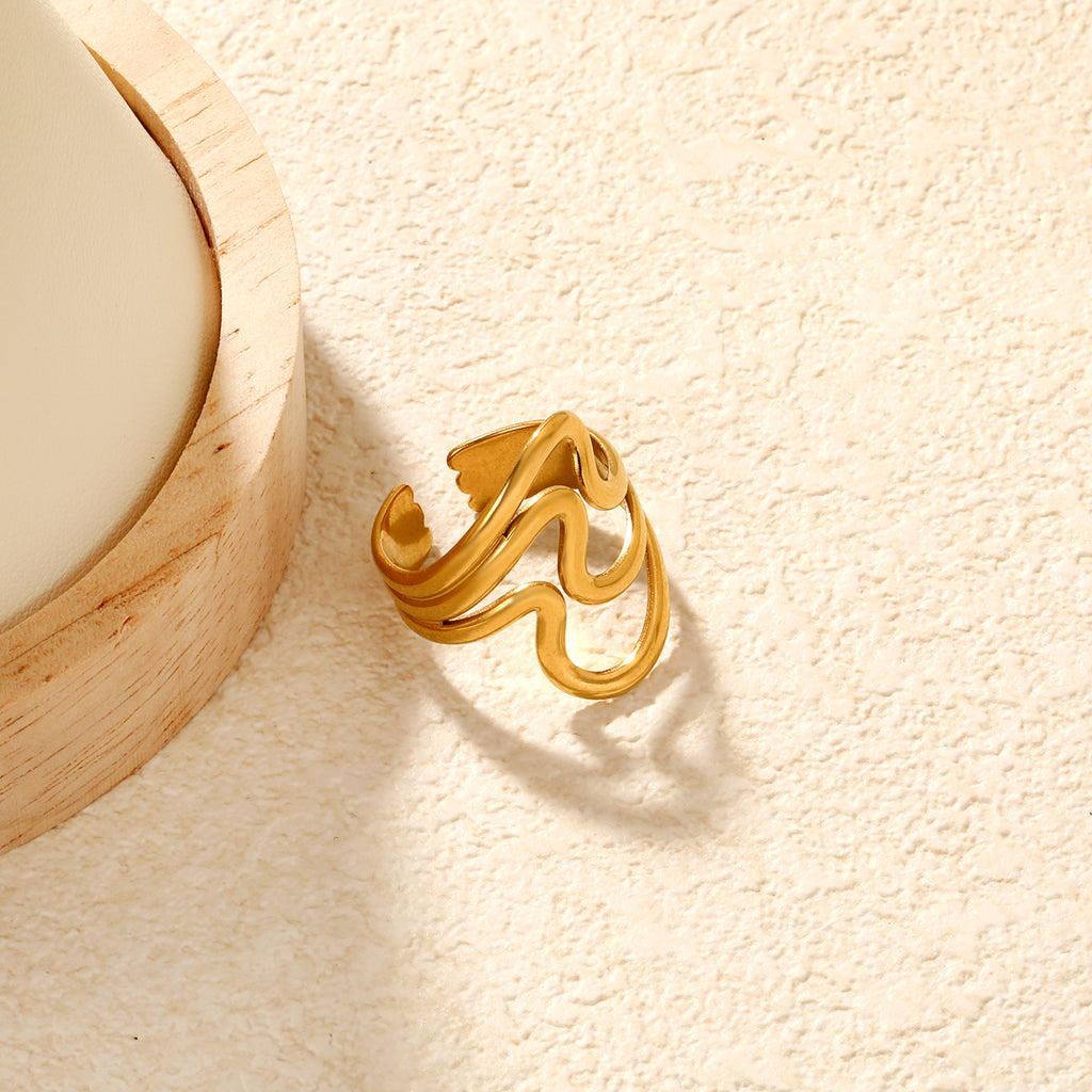 Wavy Triple Band Adjustable Ring - 18k Gold Plated Stainless Steel