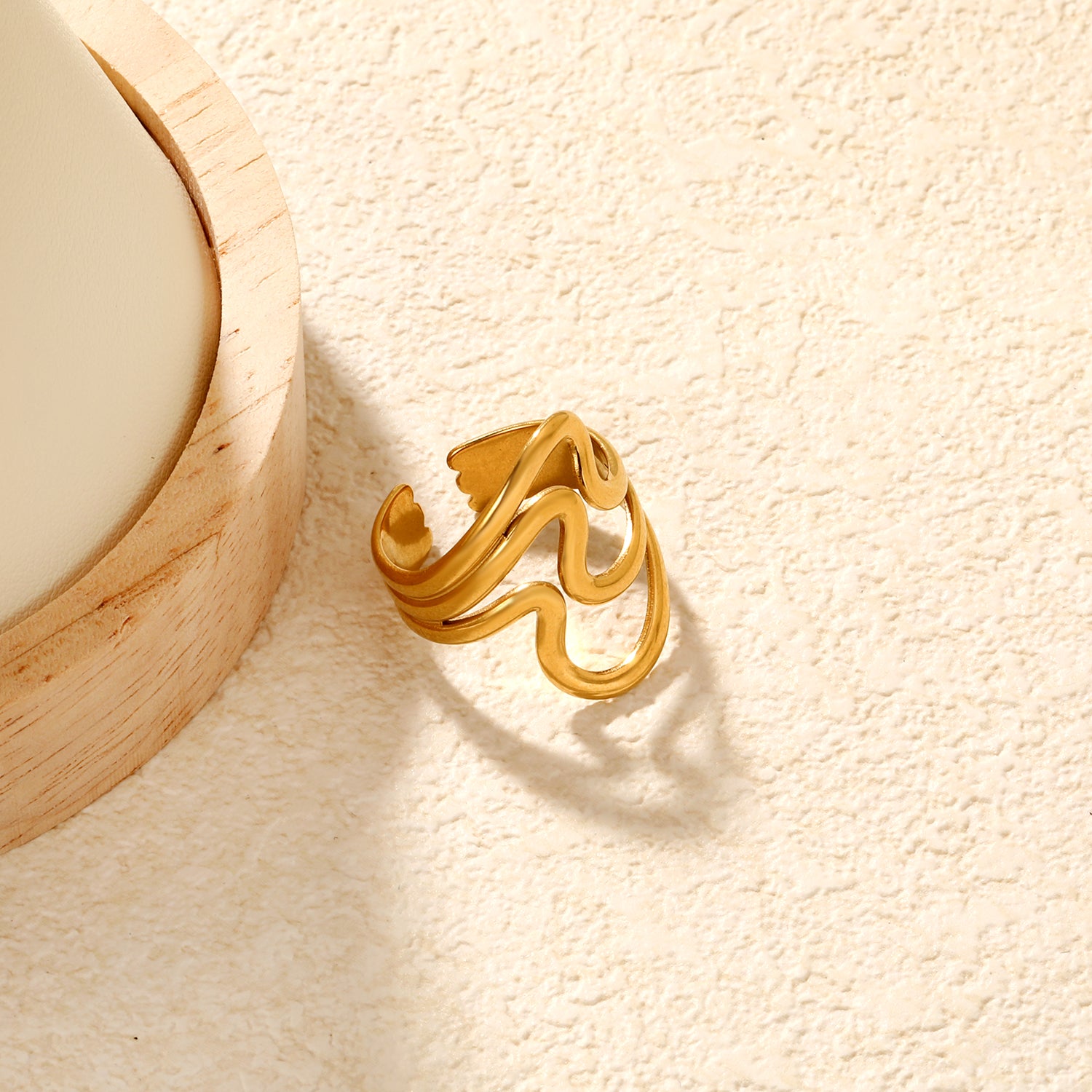 Wavy Triple Band Adjustable Ring - 18k Gold Plated Stainless Steel