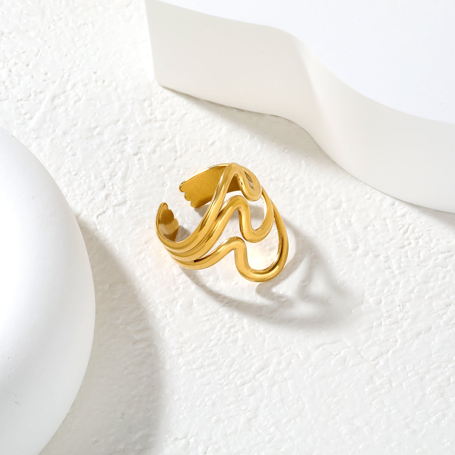 Wavy Triple Band Adjustable Ring - 18k Gold Plated Stainless Steel