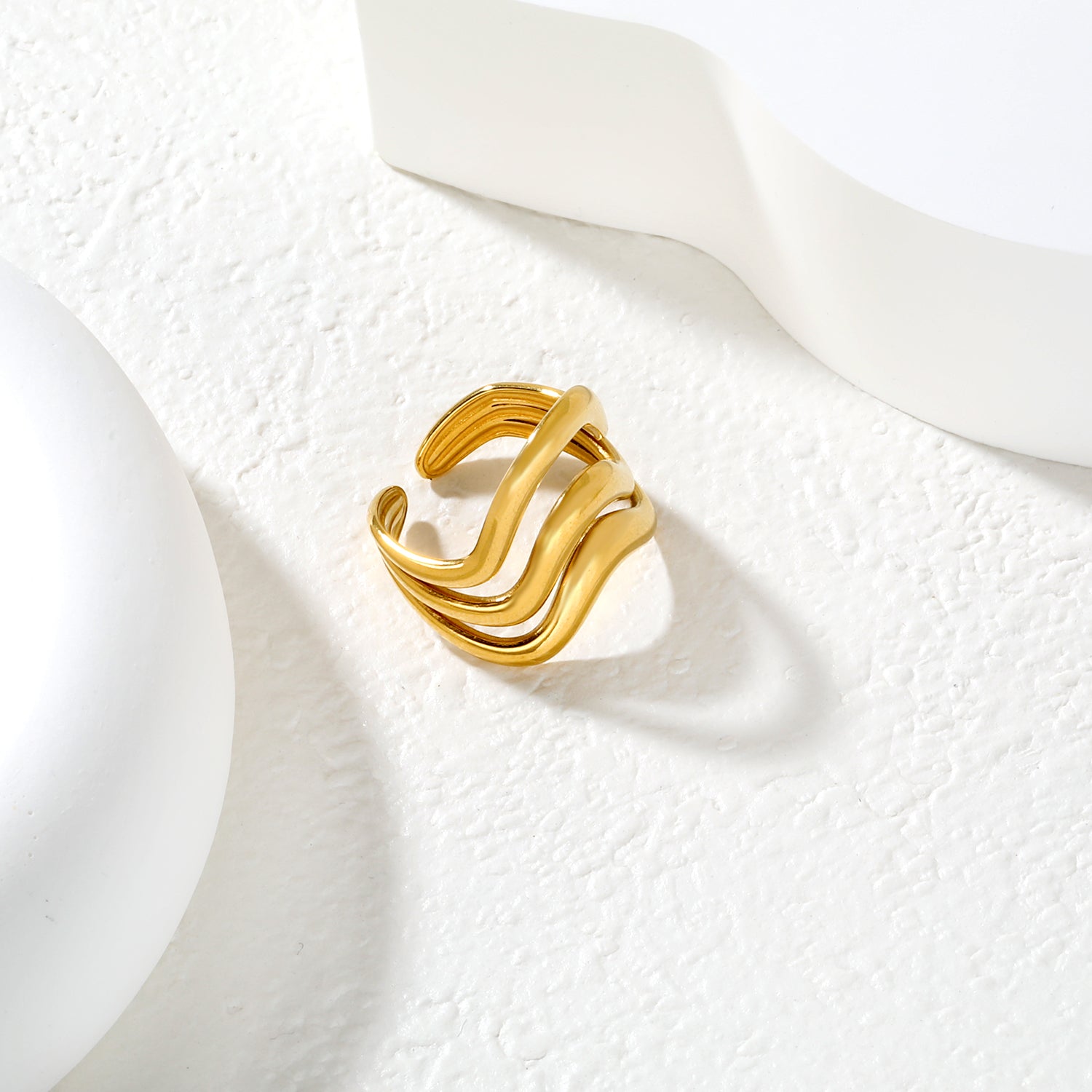 Wavy Triple Band Adjustable Ring - 18k Gold Plated