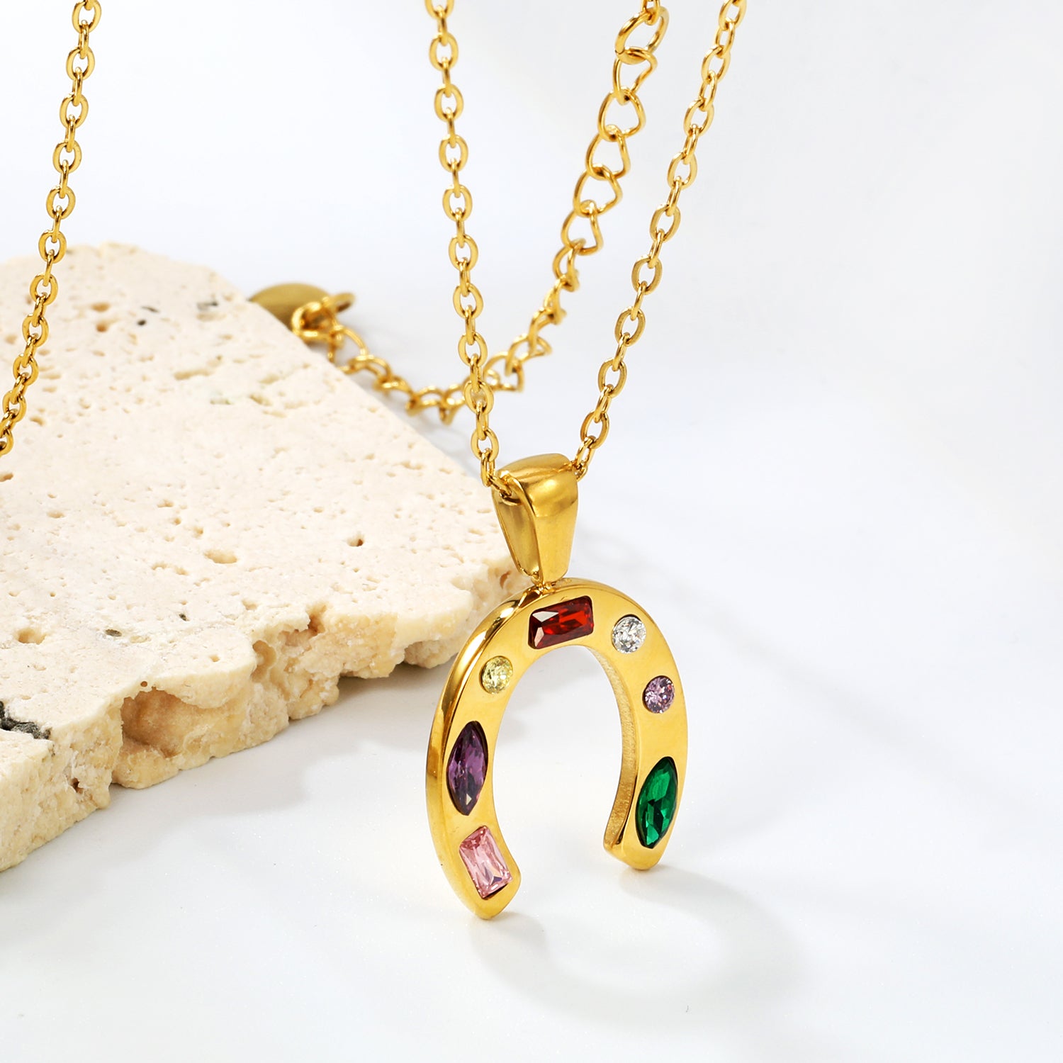 Colorful Gemstone Horseshoe Good Luck Necklace