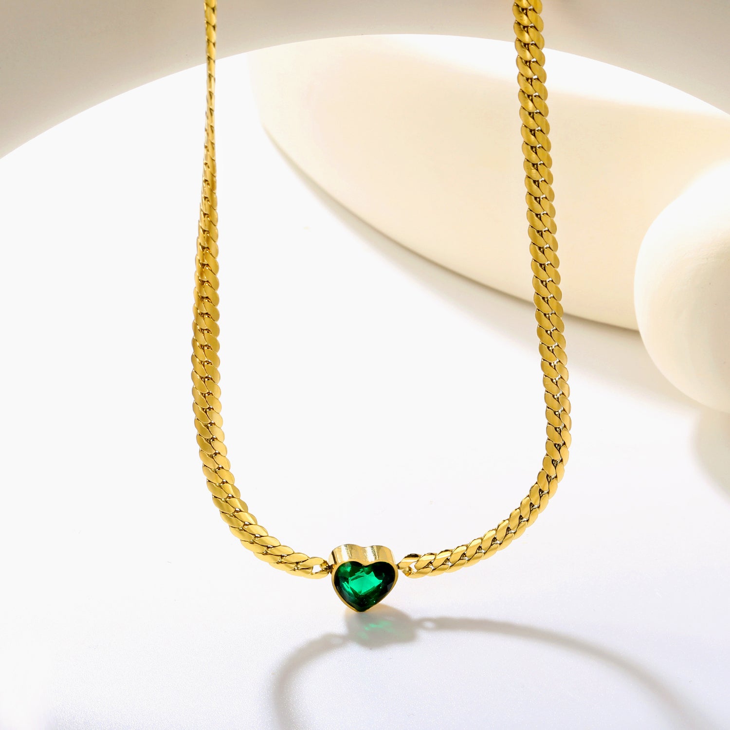 Chunky Gold Chain Necklace with Green Heart