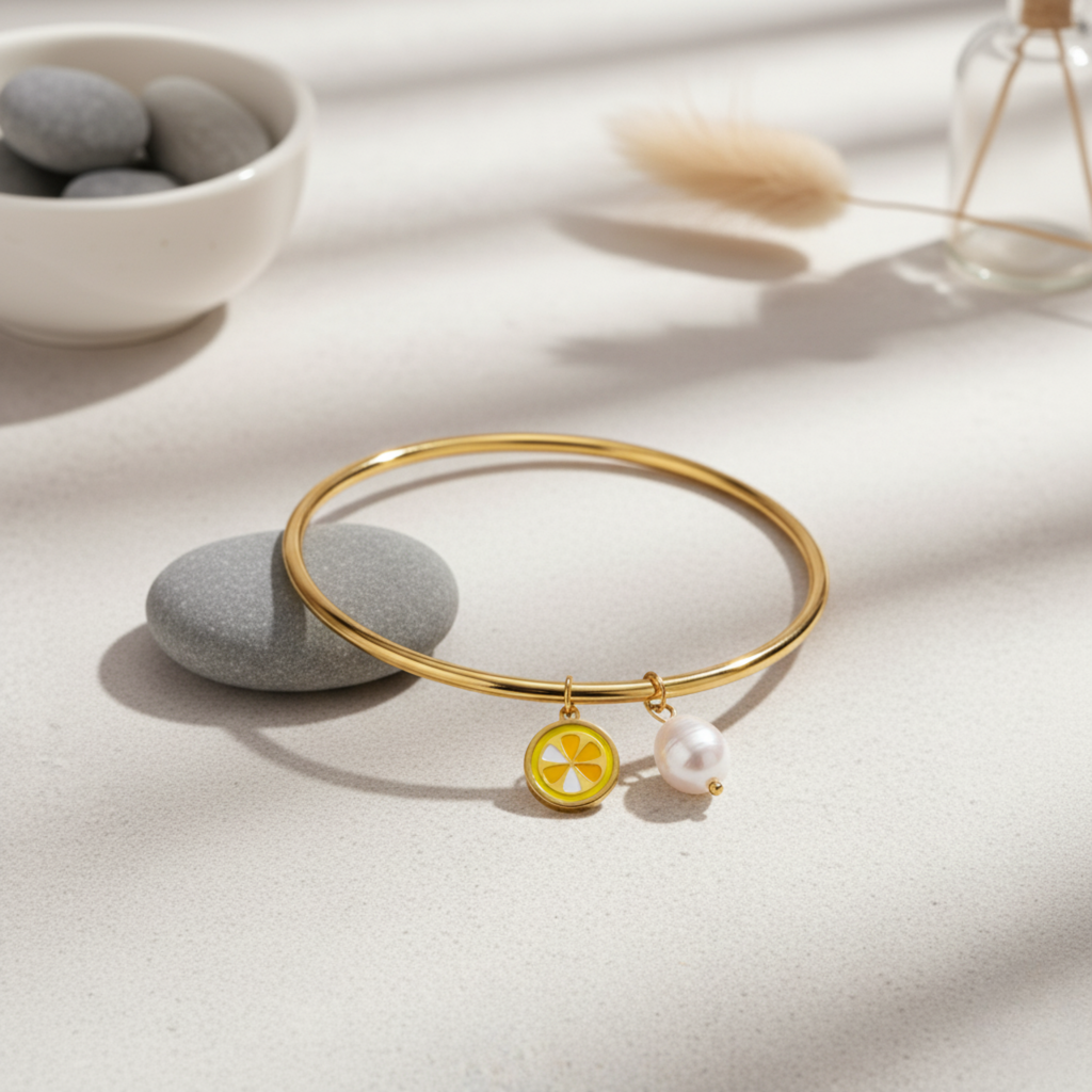 Lemon & Pearl Charm Gold Bangle