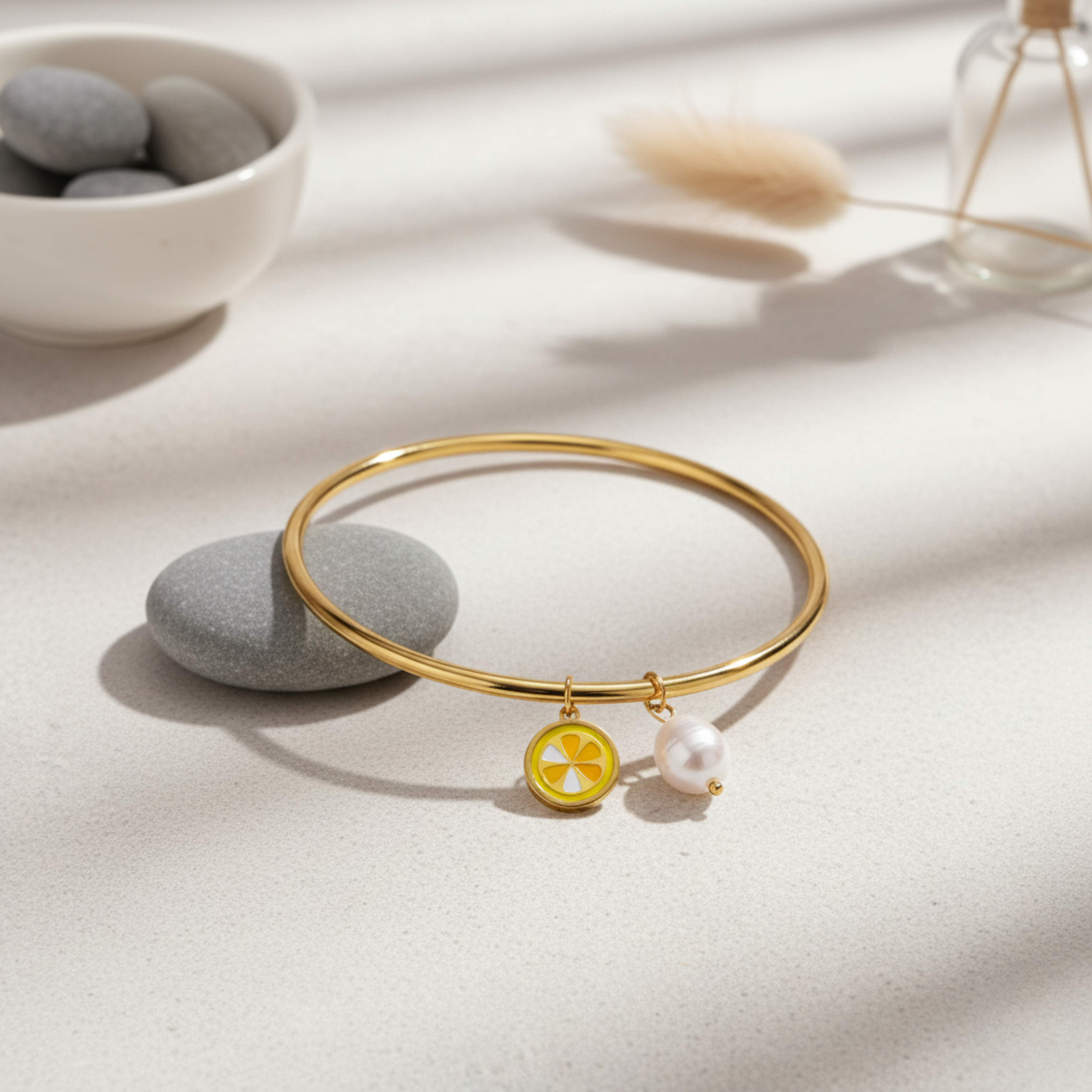 Lemon & Pearl Charm Gold Bangle