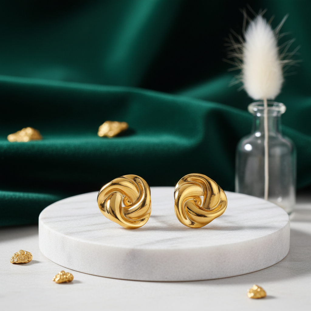 Gold Woven Knot Statement Stud Earrings