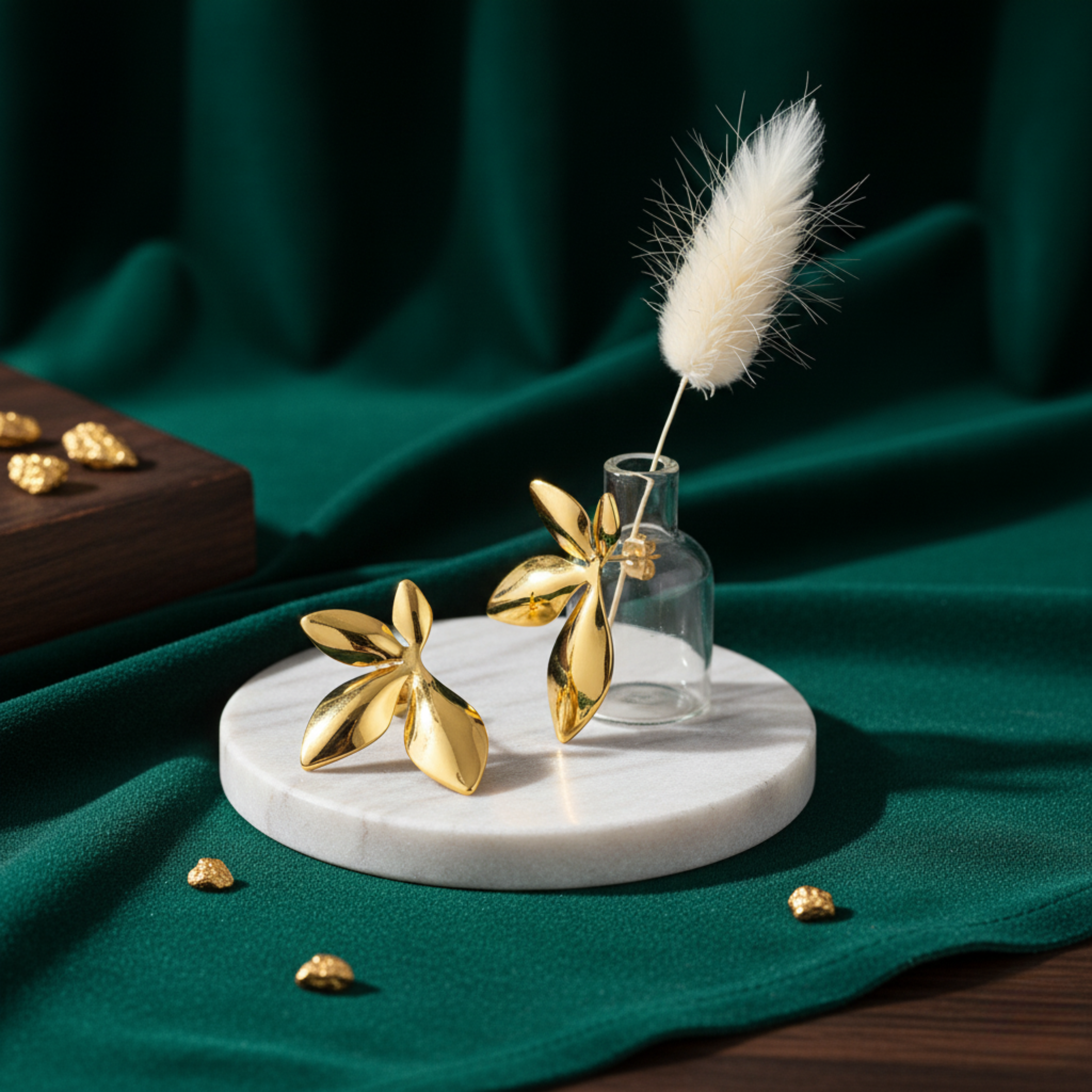 Gold Botanical Flower Statement Stud Earrings