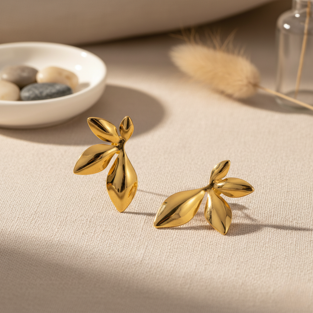 Gold Botanical Flower Statement Stud Earrings