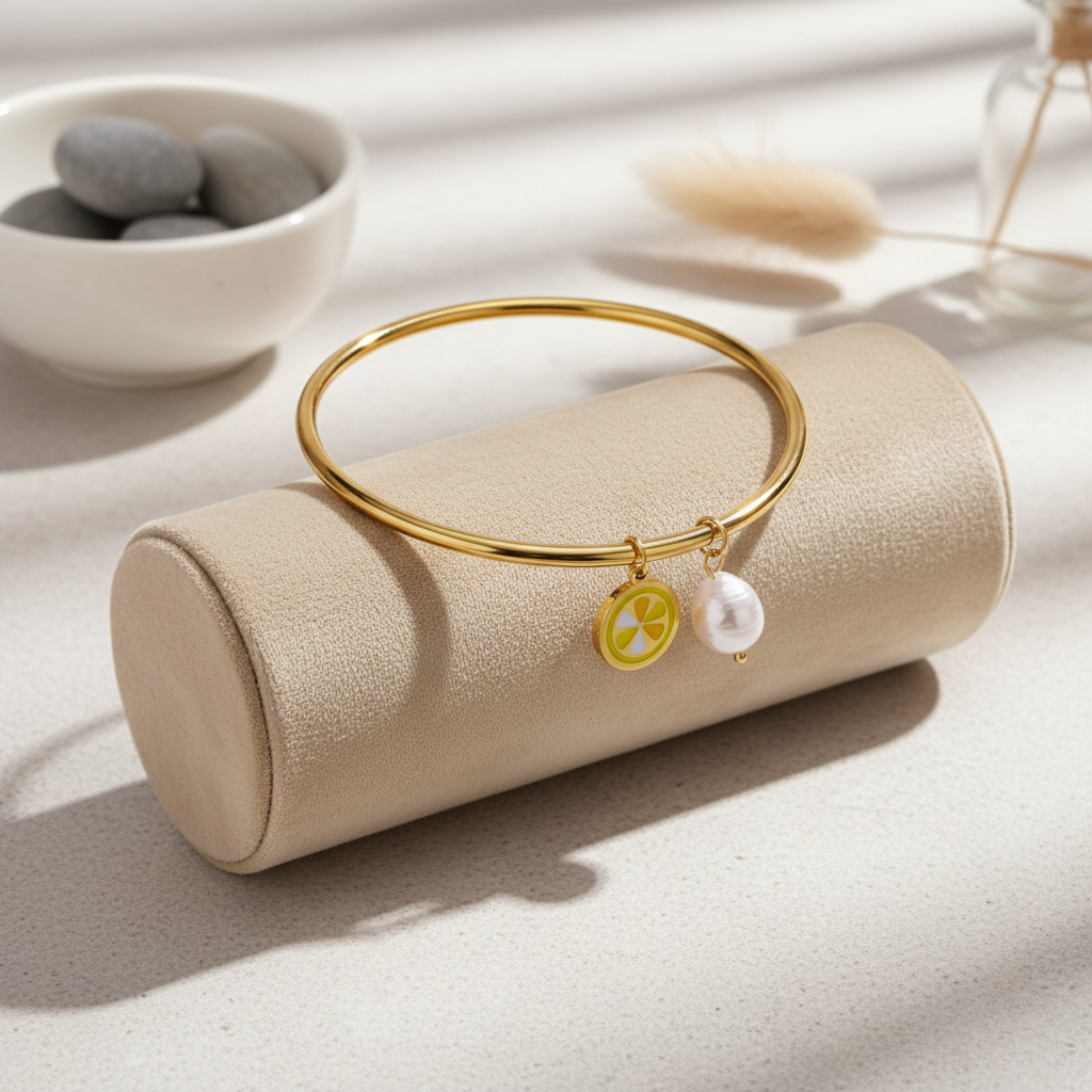 Lemon & Pearl Charm Gold Bangle