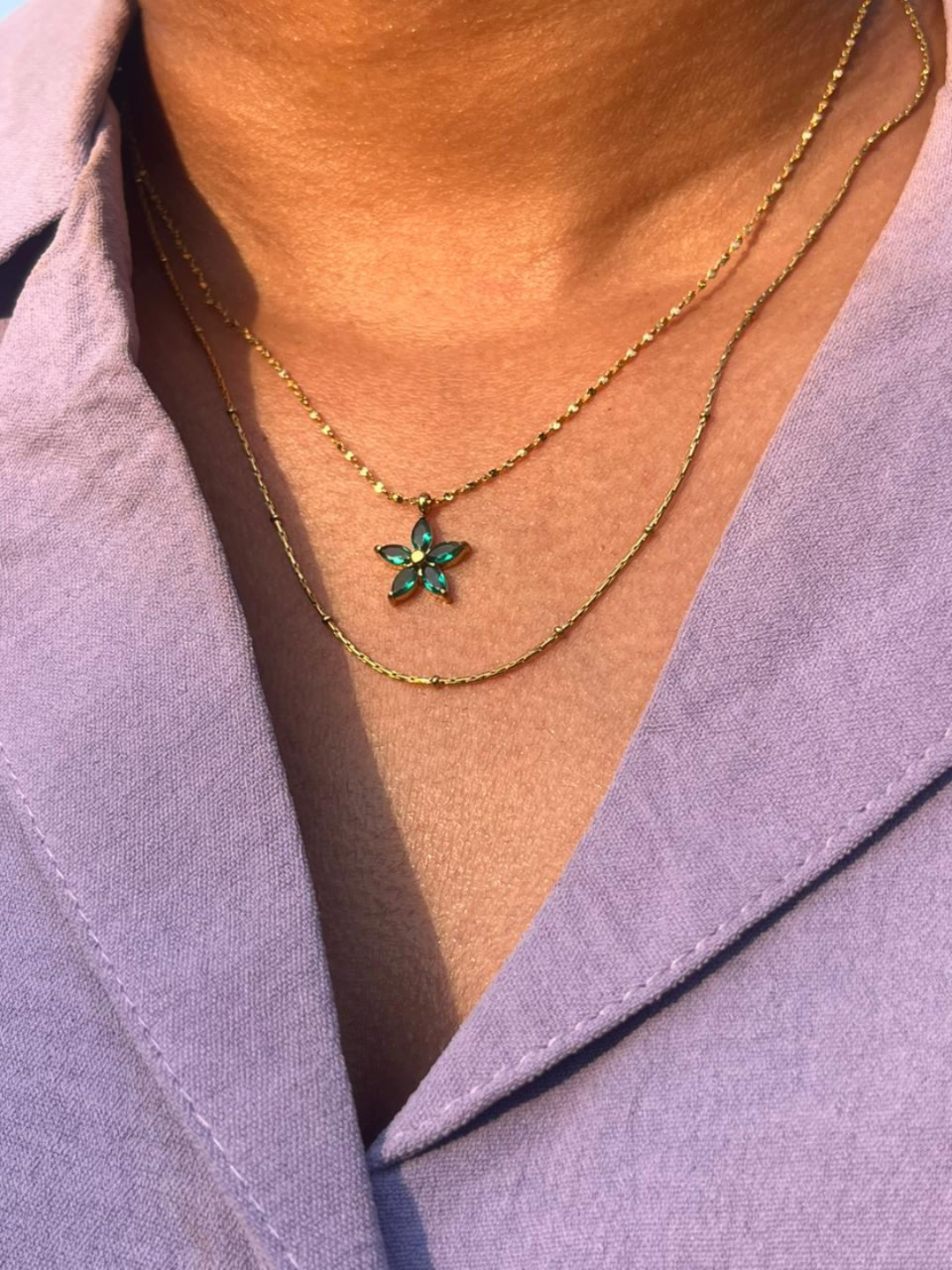 18K Gold Plated Layered Green Crystal Flower Necklace | Waterproof | ELAZO