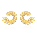 Pair of 18k gold plated hoop earrings with leaf-like designs on a white background elazo