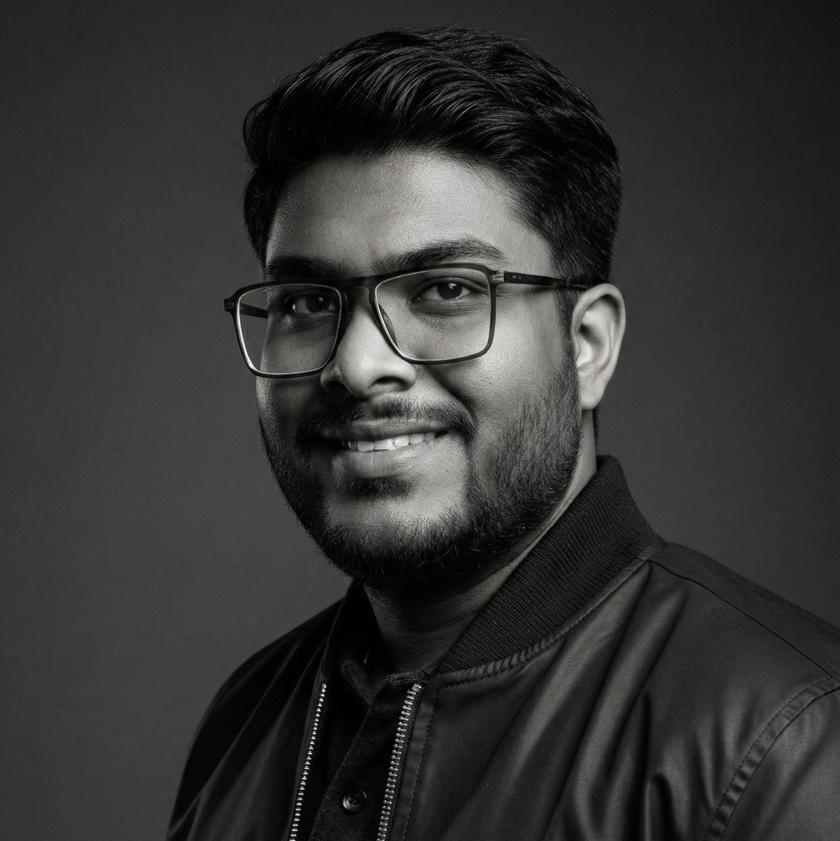 Black and white portrait of a man wearing glasses and a dark jacket against a dark background
