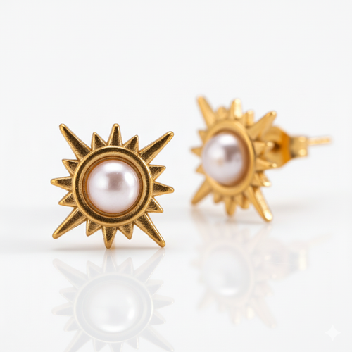 18K Gold Plated Celestial Sun & Pearl Stud Earrings