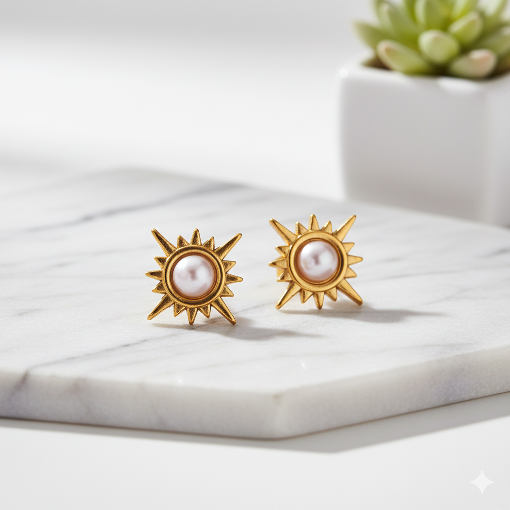 Celestial Sun & Pearl Stud Earrings