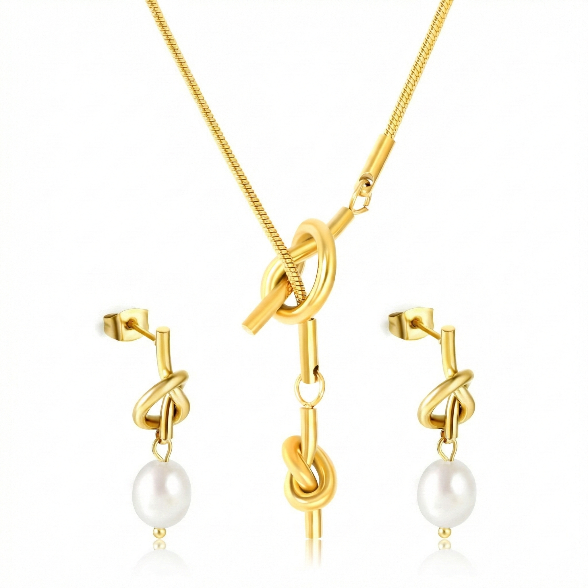 Elegant Gold Knot Necklace & Pearl Earrings Combo Set
